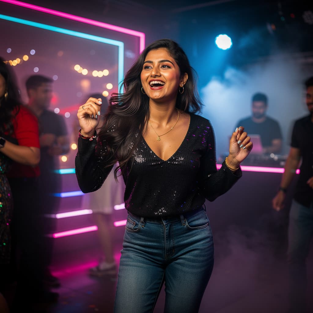 AI generated: Create a nepali girl having fun at disco club