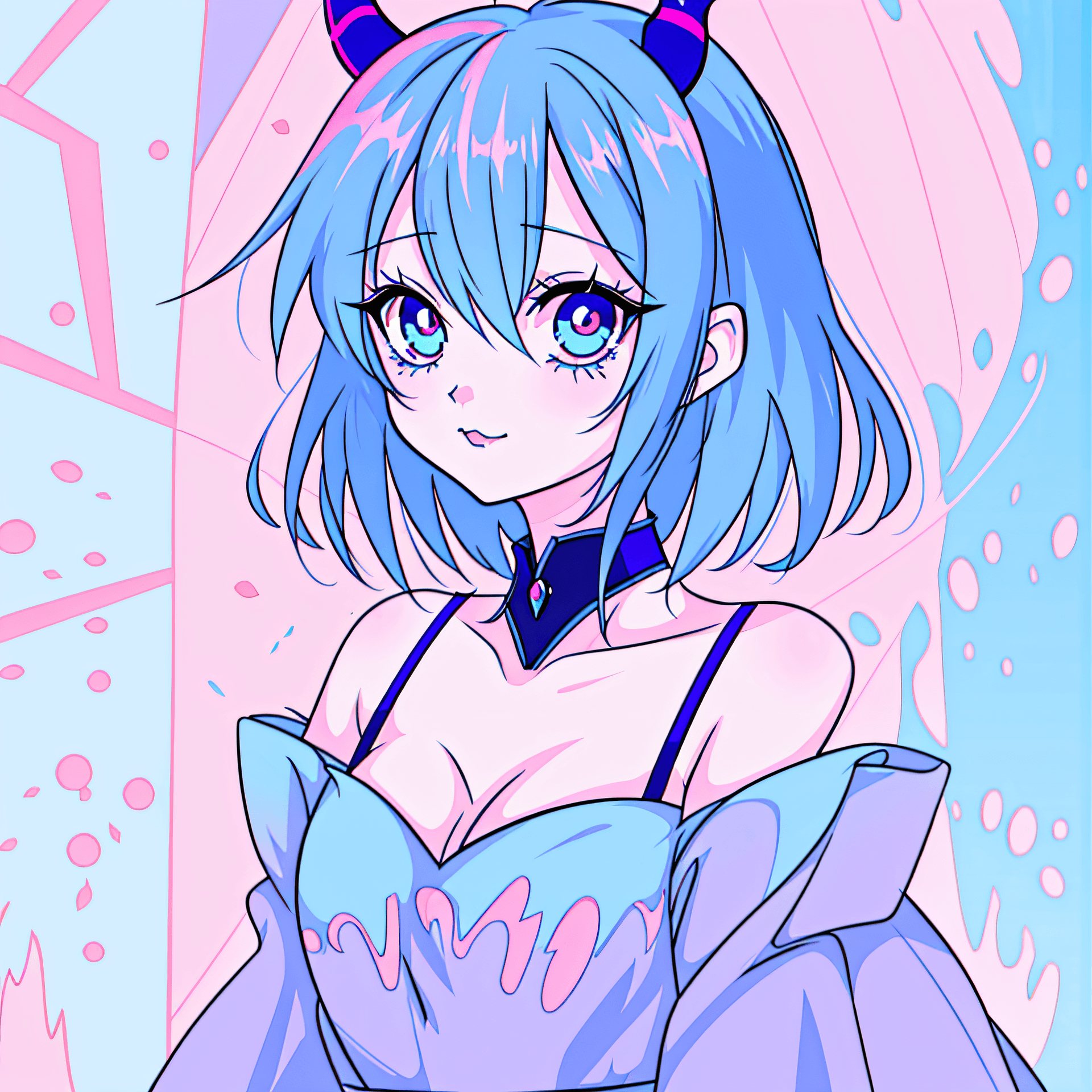 AI generated: anime girl with blue hair and horns and a pink dress, loish |, demon girl, loish art style, blue tie...