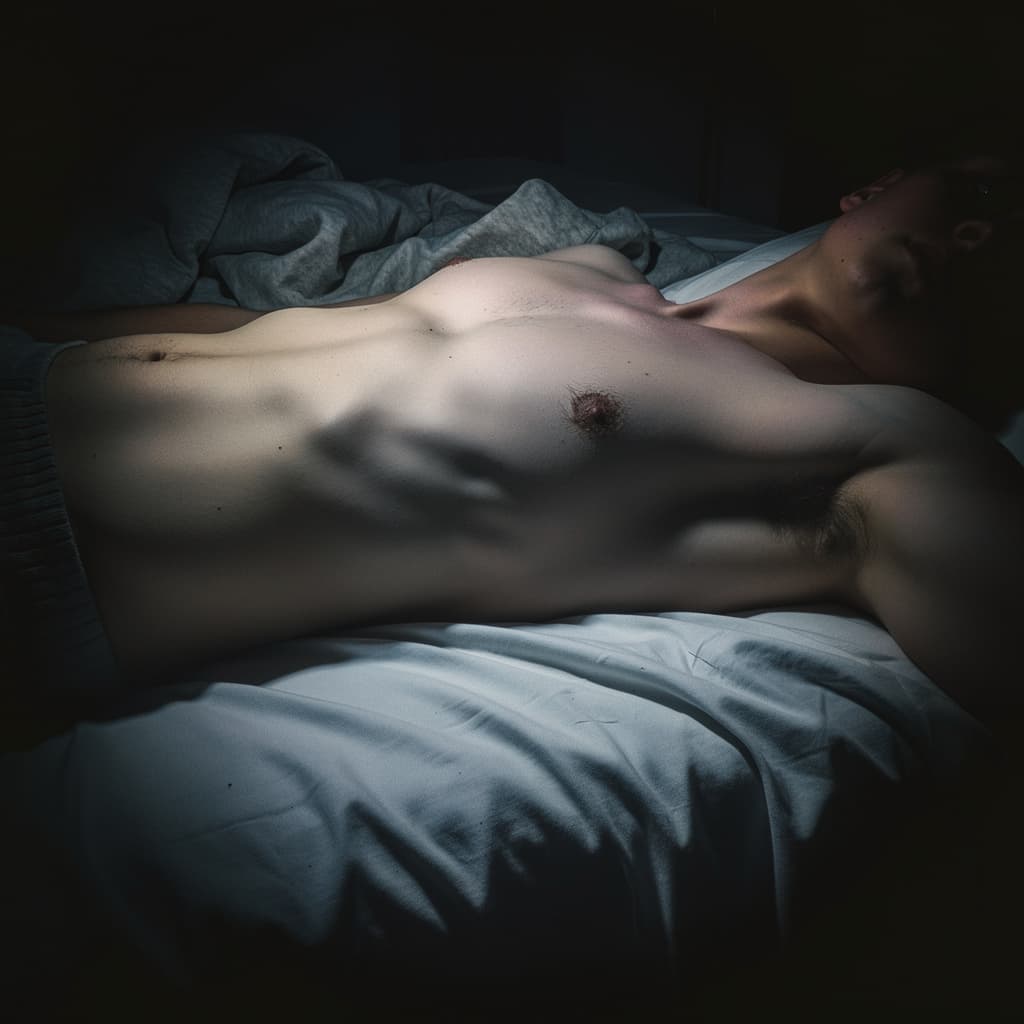 AI generated: dark bedroom night low key lighting shirtless man lying bed cinematic

