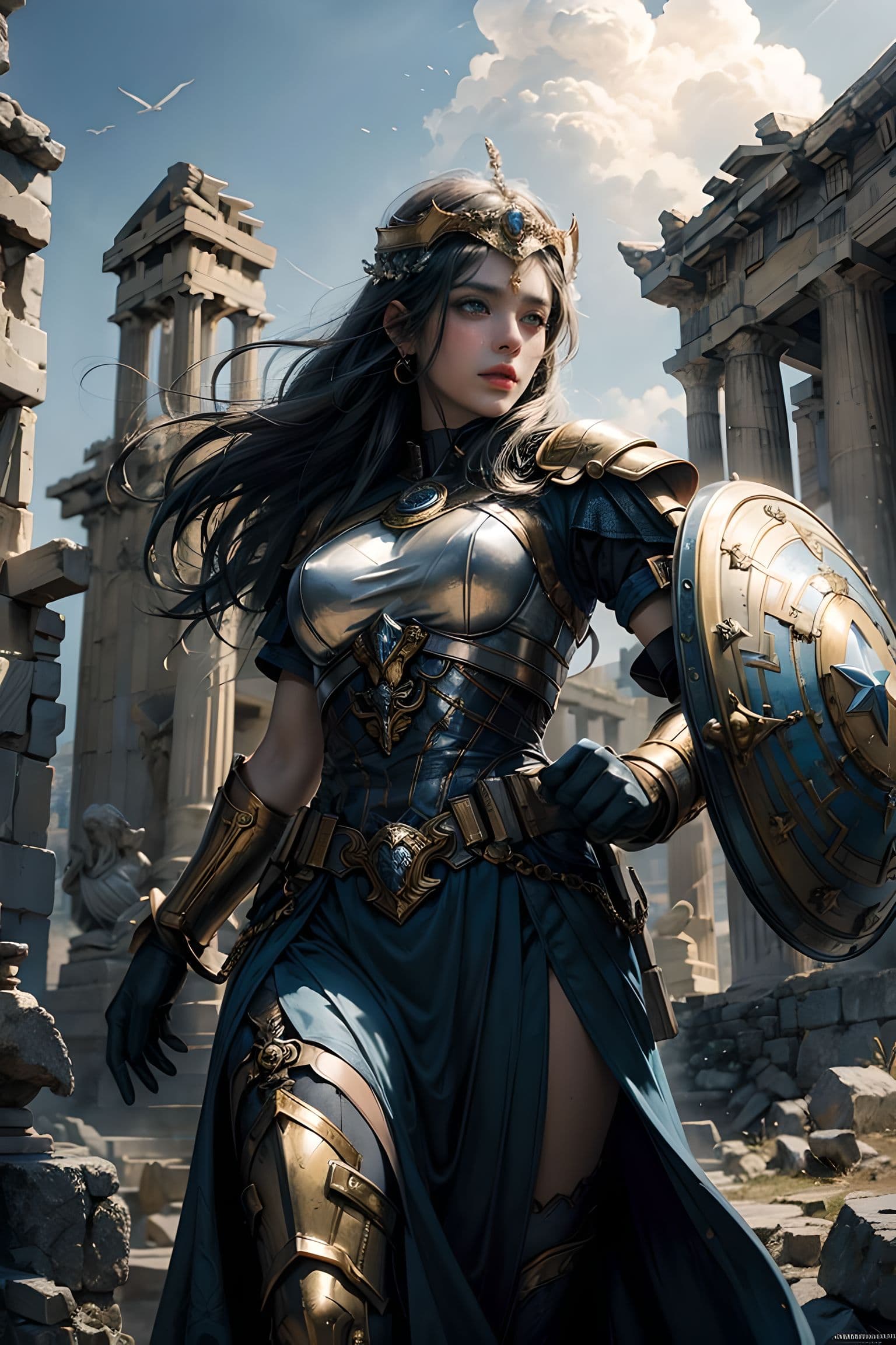 AI generated: Goddess of wisdom and war(greek roman mythology:Athena),Parthenon, patron goddess of Athens,city gua...