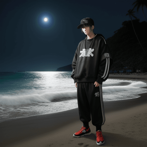 AI generated: anime style environmental wide shot of a beach at night; a man wearing streetwear;