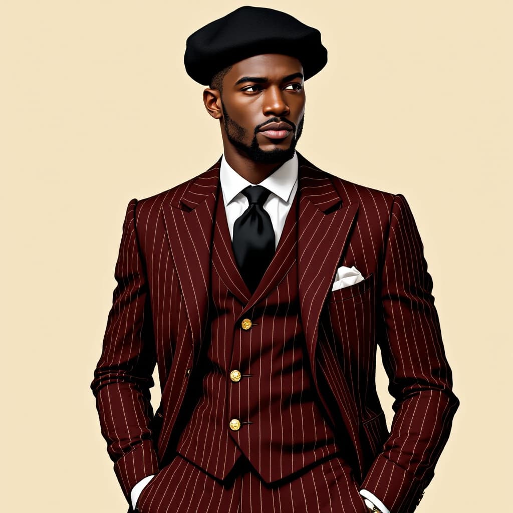AI generated: Create a fashion illustration inspired by a stylish nigerian man in a maroon pinstripe suit with a m...
