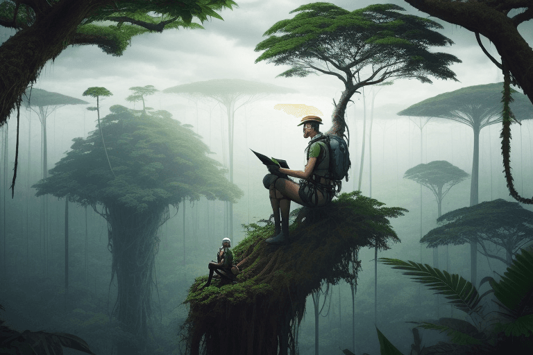 AI generated: explorer sitting atop a tall tree looking over a vast alien jungle with rich foliage