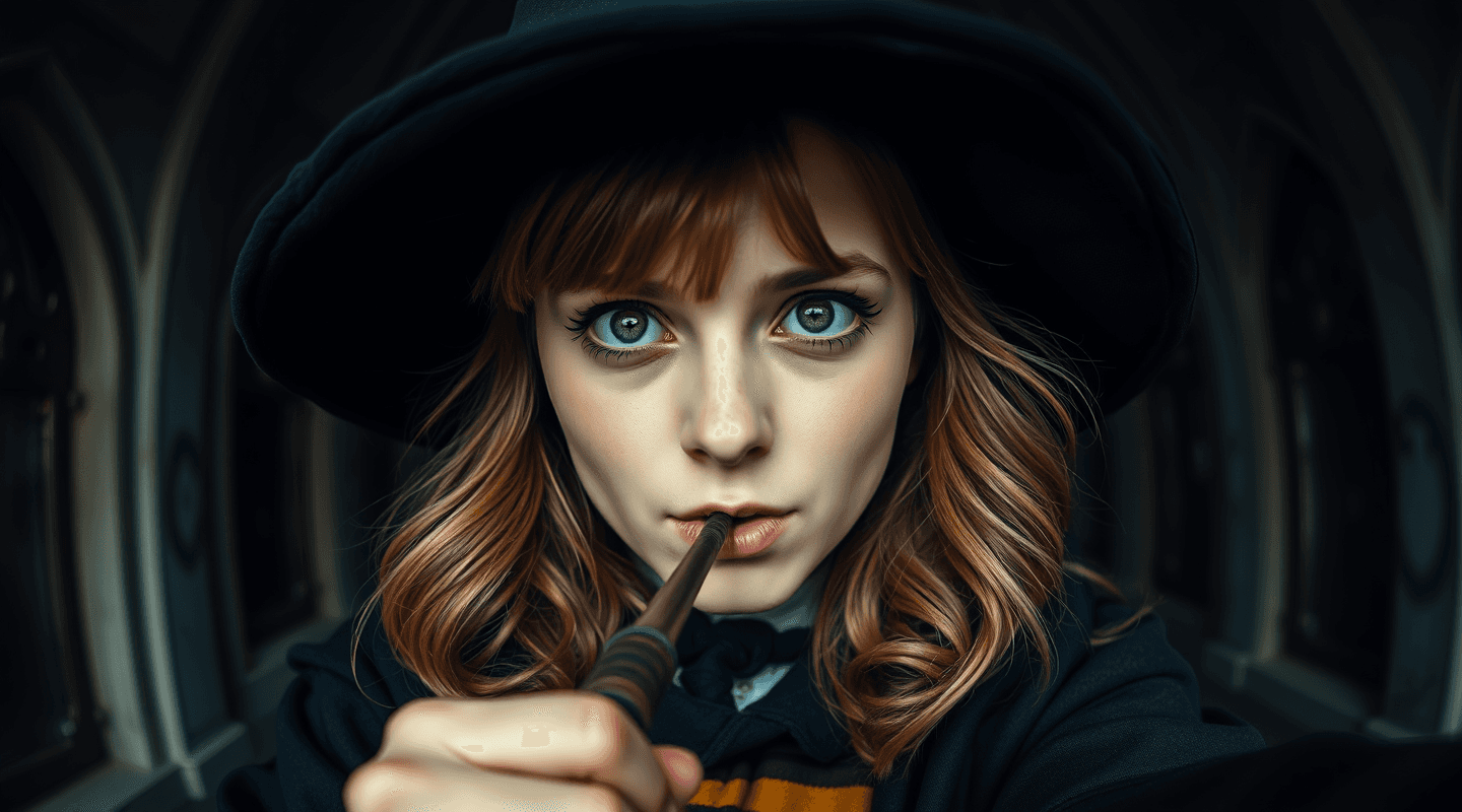 AI generated: RAW portrait photograph of Emma Watson as Hermione Granger, ginger, the iconic look, in the Hogwarts...