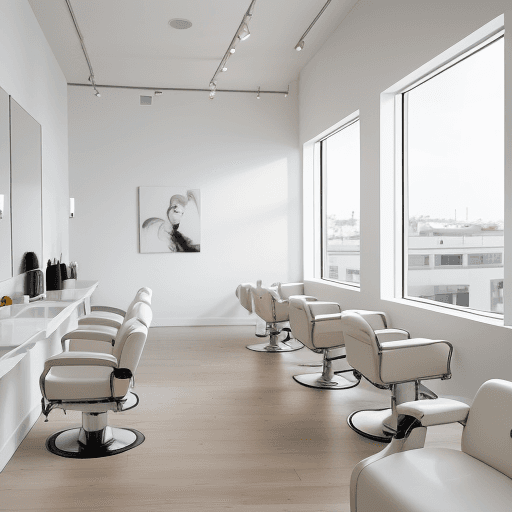 AI generated: minimalist hair salon and a barber, filled with natural light on a sunny city morning, white-washed ...