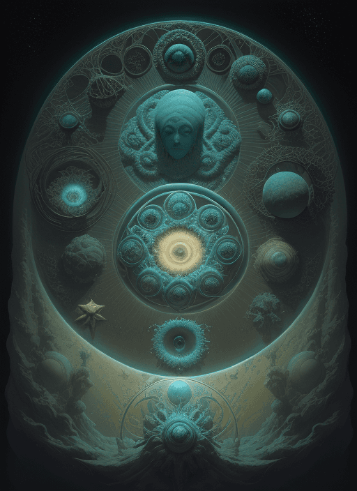 AI generated: antediluvian occult cosmology, panspermia, by daniel arsham and robert hooke and ernst haeckel and a...