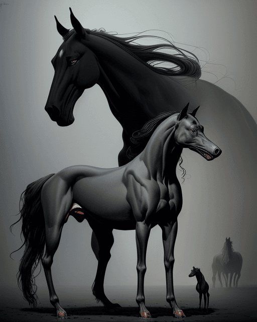 AI generated: painting of hybrid between black weimaraner & black stallion horse! & intercrossed animal, by zdzisl...