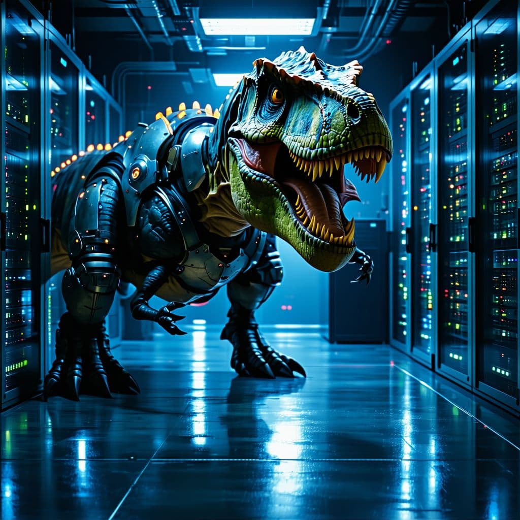 AI generated: Hyper realistic eye level photo of a tyrannosaurus rex dressed in armor facing the camera in a serve...