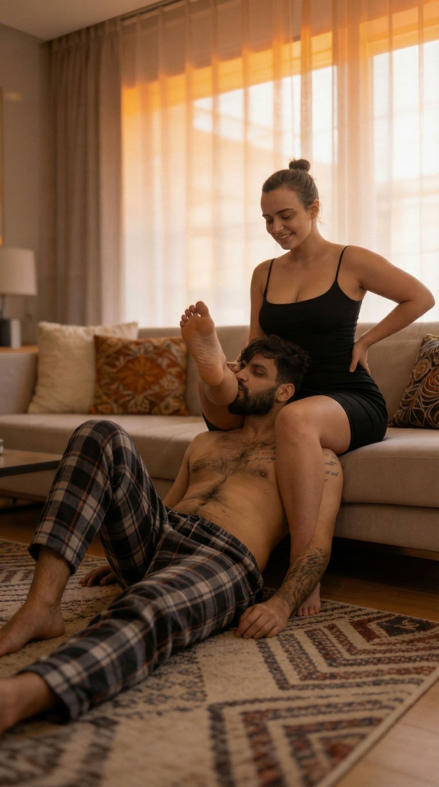 AI generated: Laying under her foot kiss her foot from down