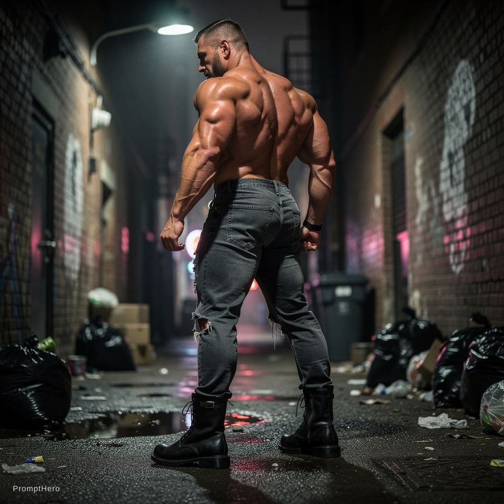 AI generated: Huge bodybuilder in a back alley ripped jeans combat boots bare chest