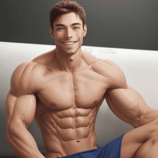 AI generated: a jacked men, low body fat, sitting, smiling, seeing a skinny men  