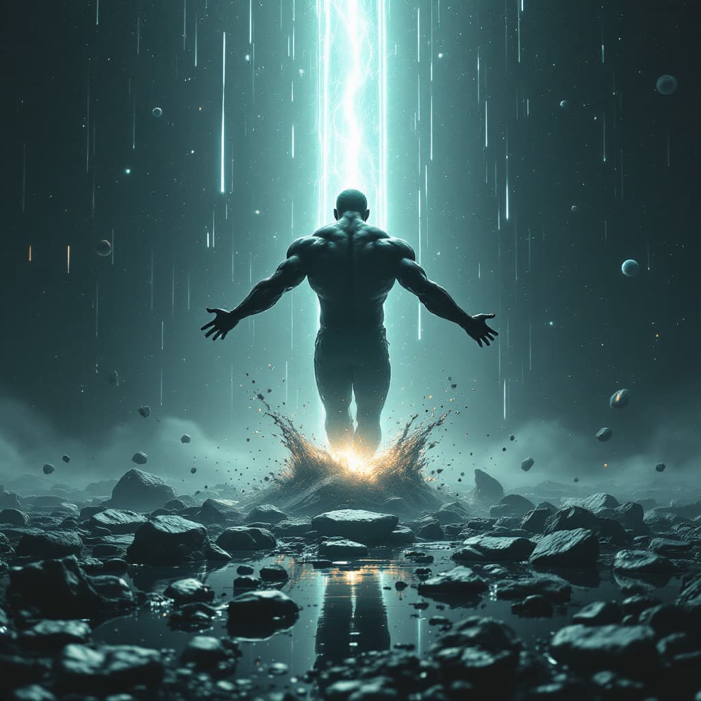 AI generated: Darkwave, synthwave,  epic music album cover. It portrays a close up of a floating very muscular per...