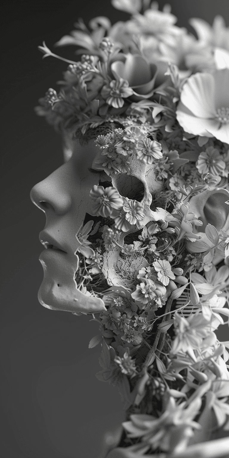 AI generated: photo of a woman in 4d rendered in black and white, in the style of bugcore, exaggerated anatomy, lu...