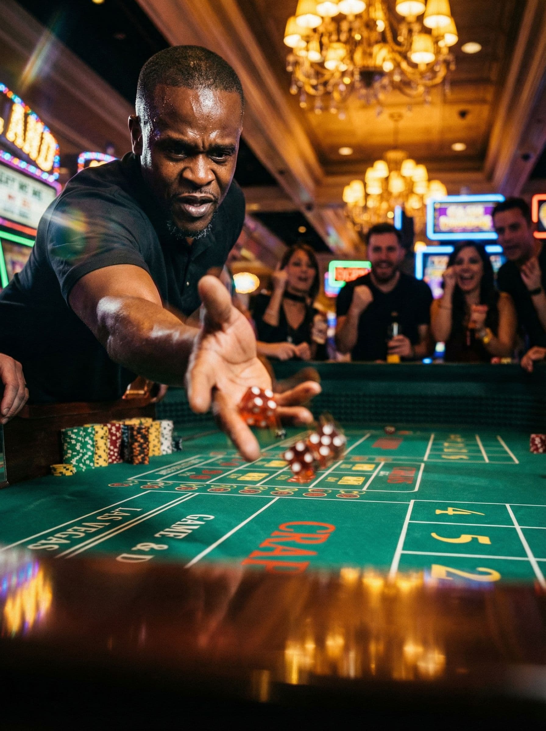 AI generated: A hyper-realistic, cinematic scene set inside a legendary Las Vegas casino at night. A confident Bla...
