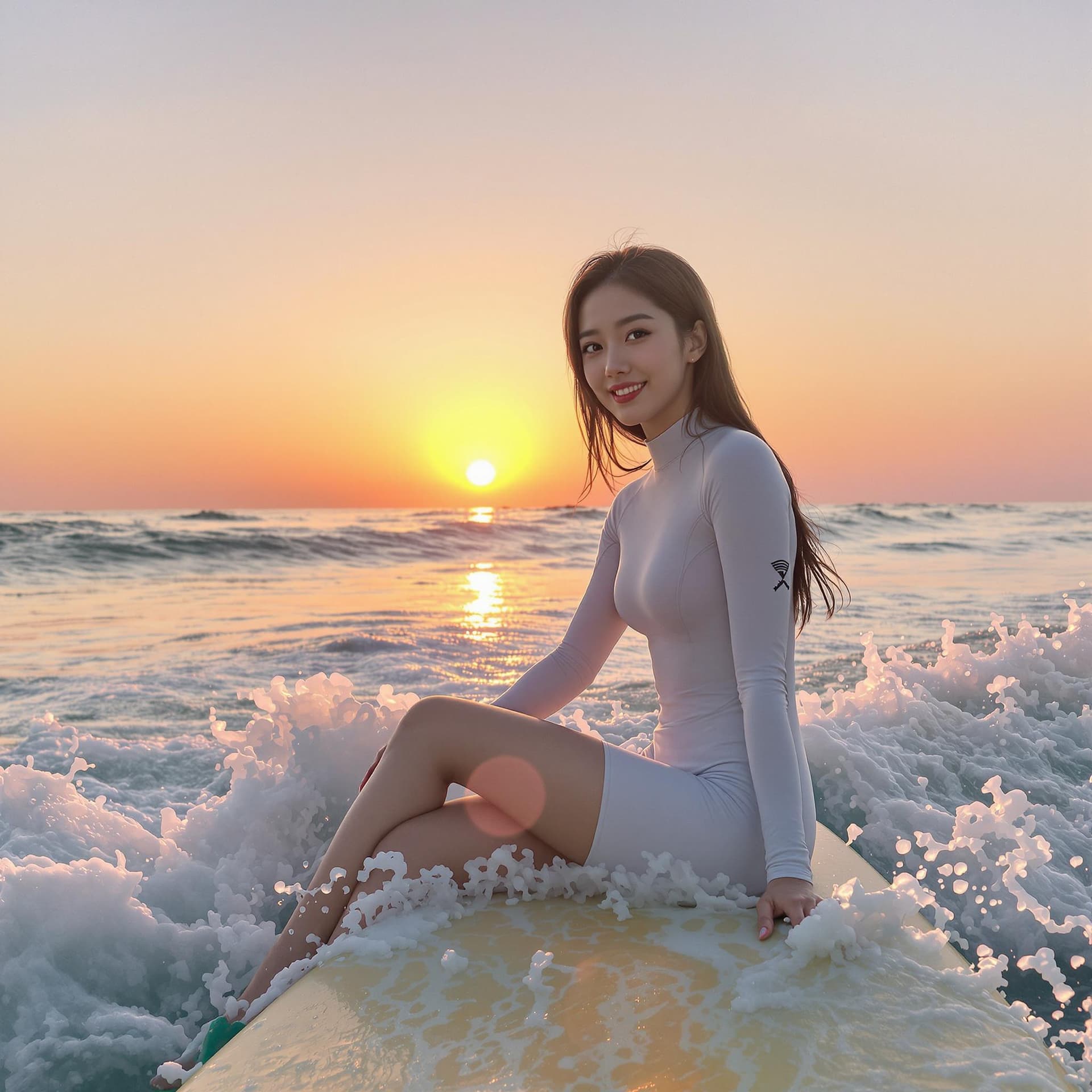 AI generated: Korean Frau,

• Sonnenaufgang am Meer mit Surferin: Eine Frau in einem weißen Neoprenanzug sitzt auf...