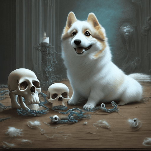 AI generated: [(masterpiece)] studio photo of a corgi dog, ghost, and skull entwined together in the foreground. T...