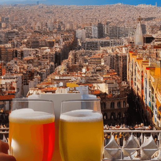AI generated: Barcelona skyline, SAGRADA FAMILIA ,Mahou, sun and beach, orange, yellow and red colors, terrace wit...