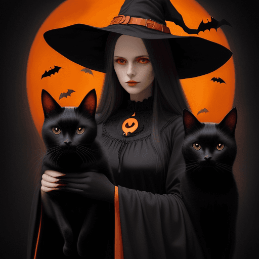 AI generated: painting of beautiful women in witch hats , with one black cat, in the style of patty maher, photo, ...