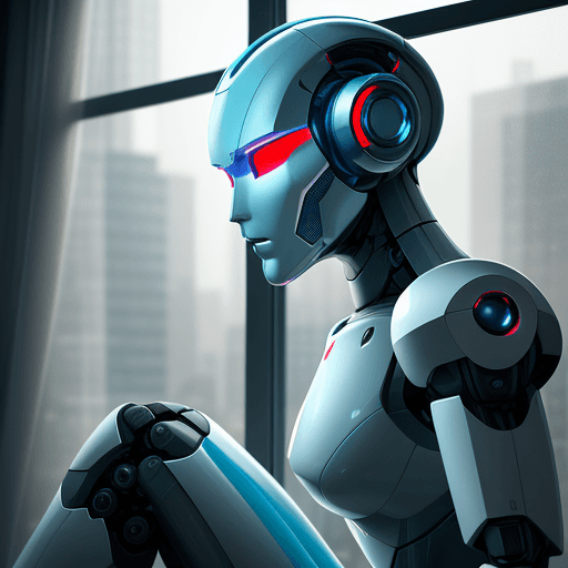 AI generated: Robot standing in front of the window, sitting robot close-up, human-faced robot, close-up humanoid ...