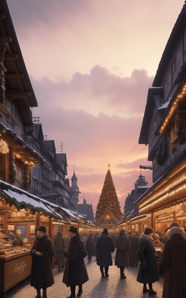 AI generated: Photo of a christmas market, dramatic light, pale sunrise, cinematic lighting, battered, 4k, hyper r...
