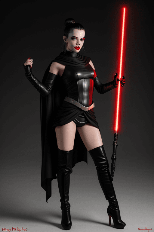 AI generated: rey skywalker as sith lady in black sith uniform, high heels boots, dark red lips, yellow eyes, evil...