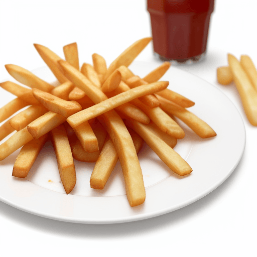 AI generated: food photography, A plate of french fries with a side ketchup, On a white background