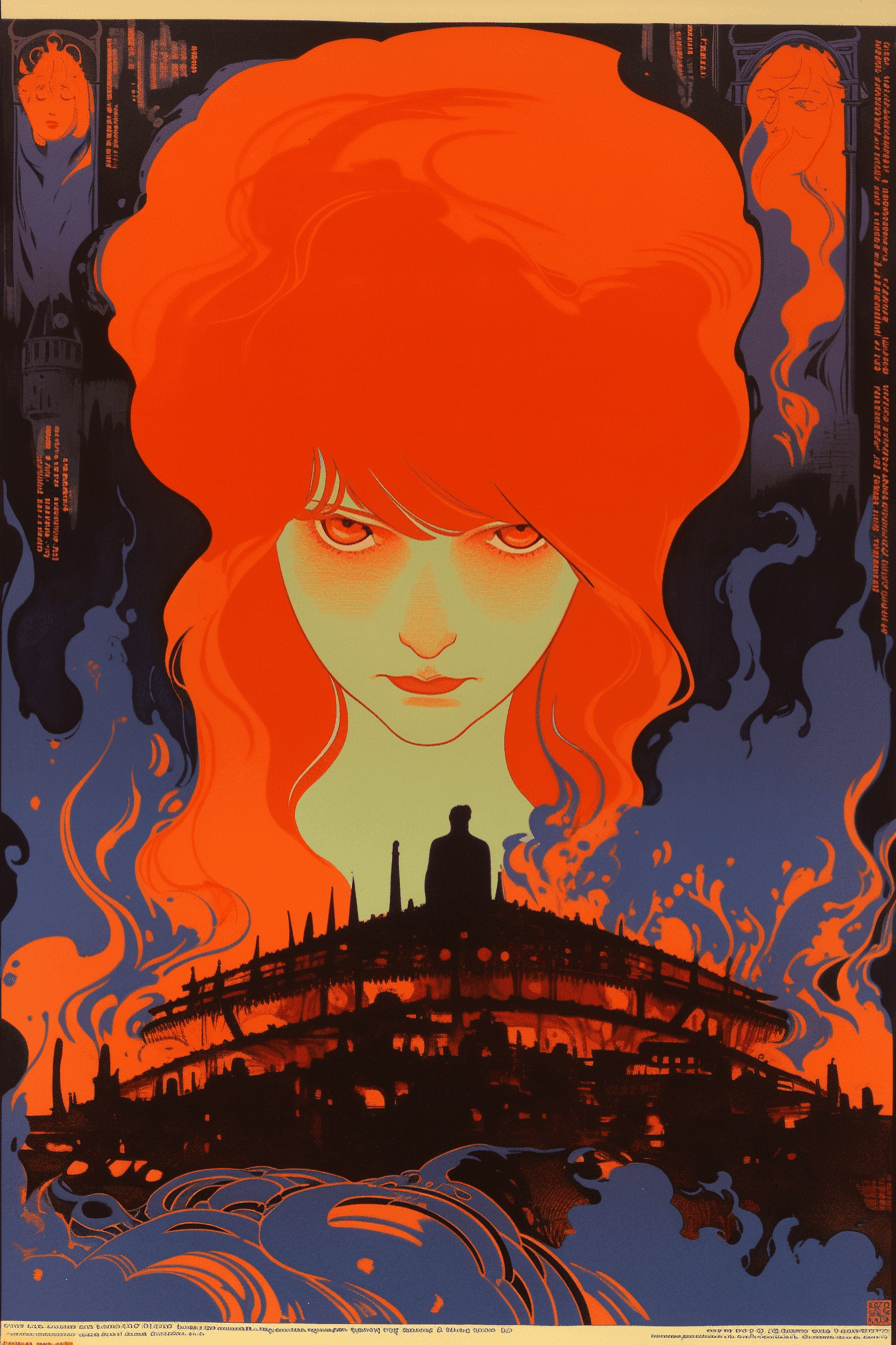 AI generated: A thrilling anime filled with mystery and suspense, with fiery red hair, wide angle shot, in the sty...