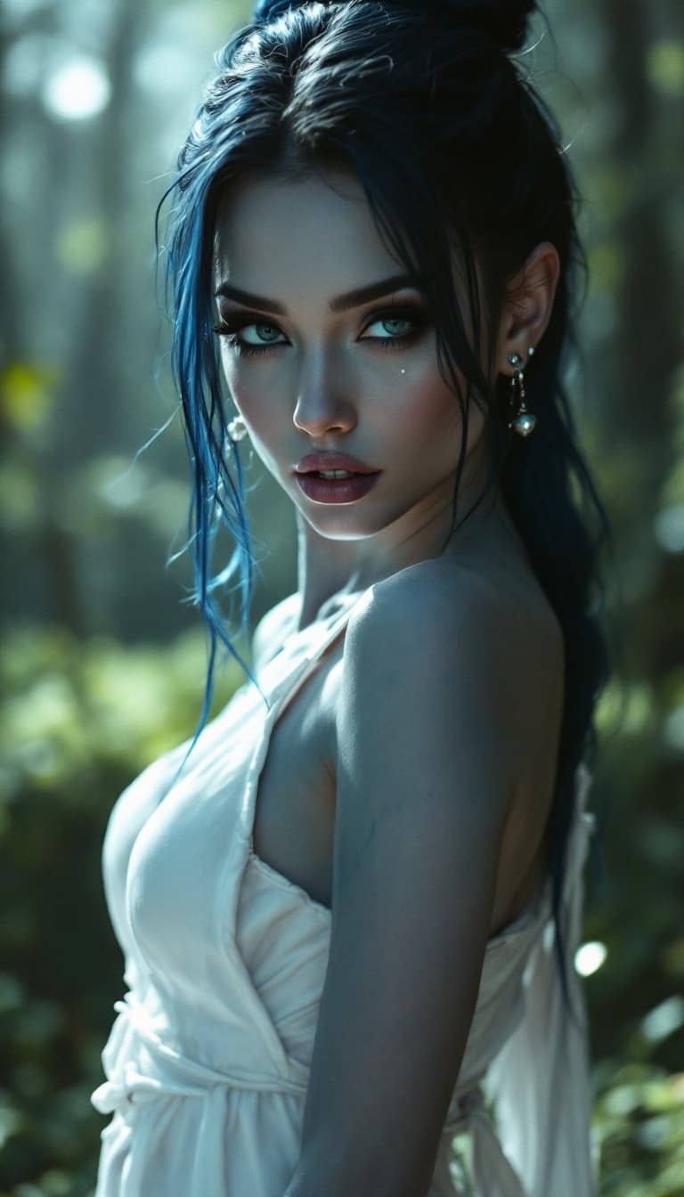AI generated: smur-fette from the smurfs, beautiful charismatic woman, piercings, athletic, a woman with a white d...