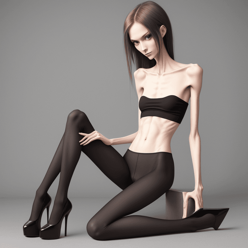 AI generated: extreme beautiful skinny slender (almost anorexic)  girl with skinny slender thighs narrow, long fin...