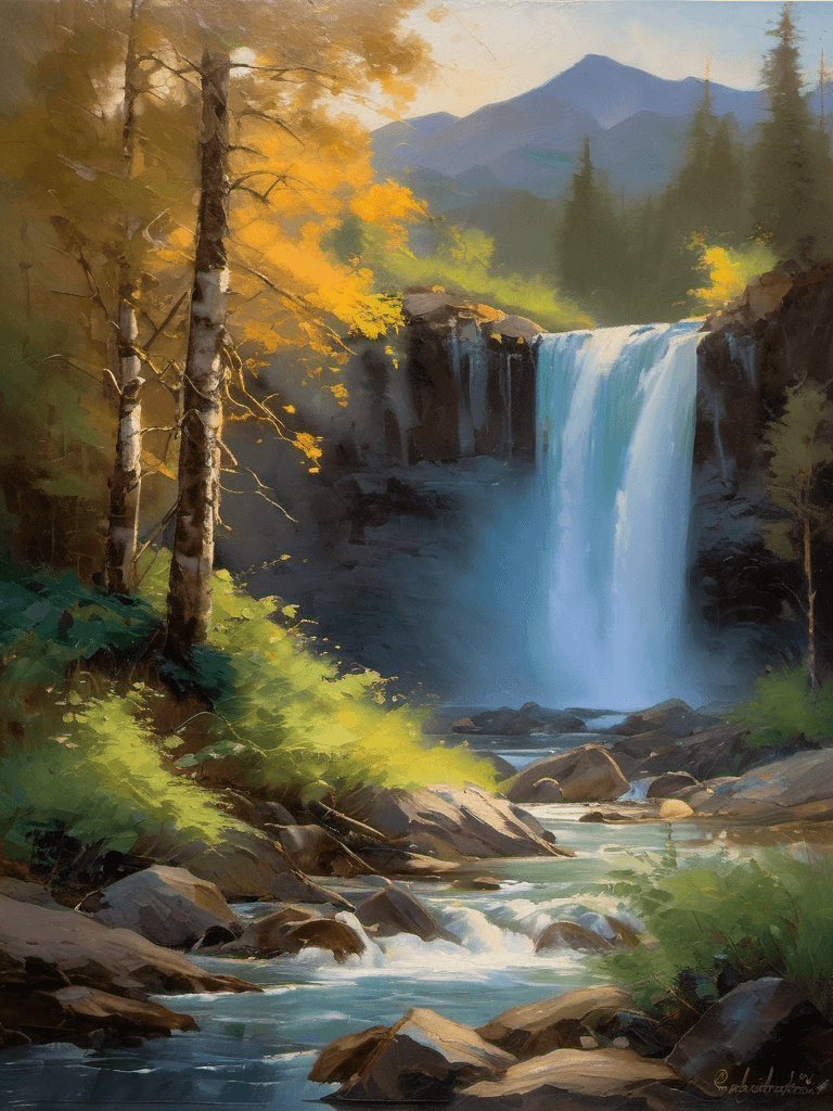 AI generated: An oil painting portraying a breathtaking waterfall nestled in a serene mountain landscape, The medi...