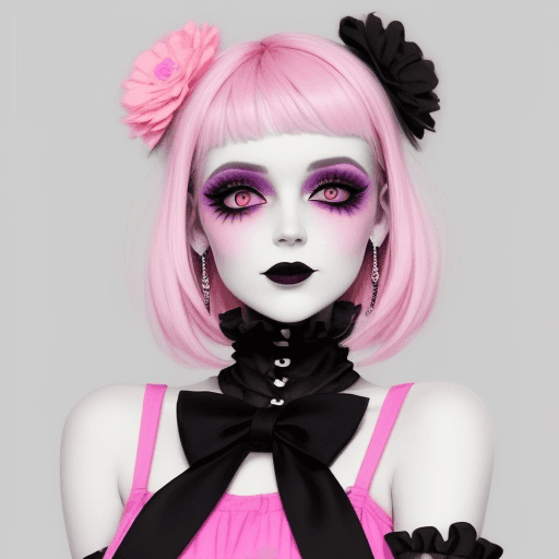 AI generated: Pastel goth, bright makeup and pink dress. Looks happy but has a black eye