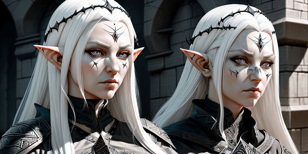 AI generated: detailed portrait, shadar kai, female elf cleric, pointy ears, feminine, mysterious, white hair, bla...
