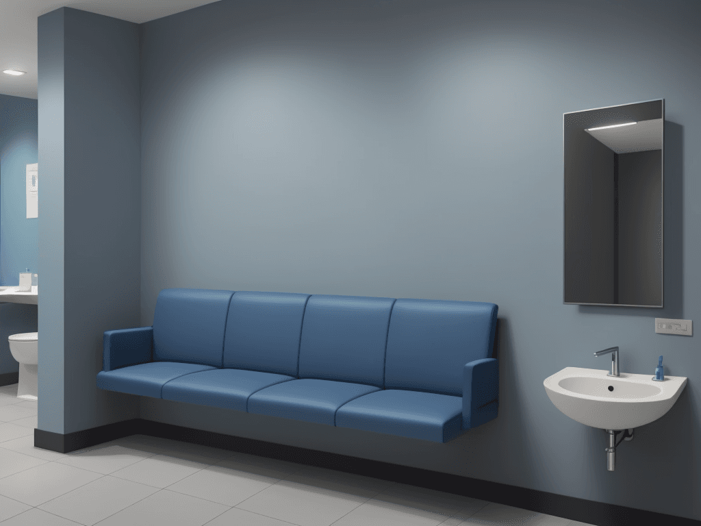 AI generated: medium rest room, in a blue tone, with sofa and bench with coffee and water, simple corporate enviro...