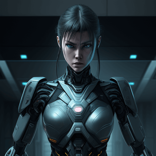 AI generated: Cybernetics, action movie protagonist, female warrior, virus, cyberspace, repeating patterns, unreal...