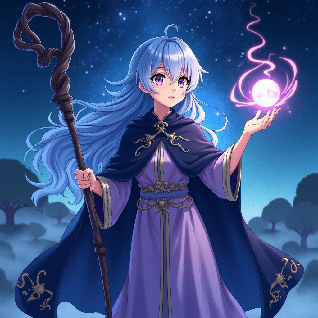 AI generated: A young wizard girl stands confidently, her long, flowing blue hair with light highlights framing he...