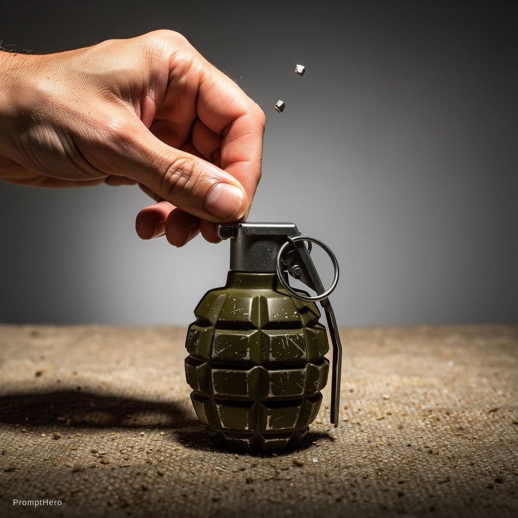 AI generated: A realistic human hand pulling the safety pin from a dark green hand grenade, the fingers gripping t...