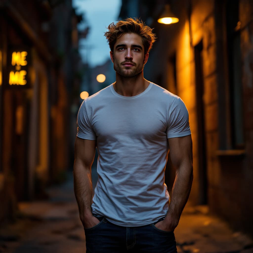 AI generated: A lean, athletic 28-year-old man with a face subtly resembling Robert Pattinson, big smile, standing...