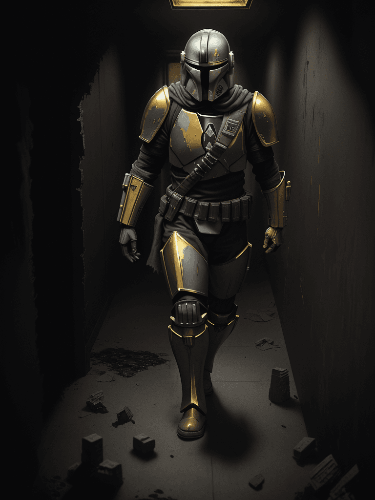 AI generated: A haunting scene of a mandalorian with a golden armor| golden armor(red glowing eyes:1.2)| Staggerin...