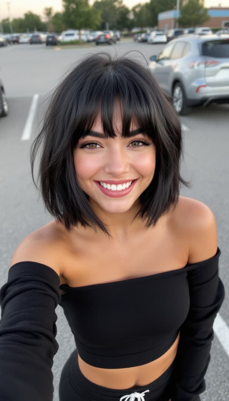 AI generated: women,thick eyebrows, short black hair with very long bangs, wearing a black off the shoulder top, y...