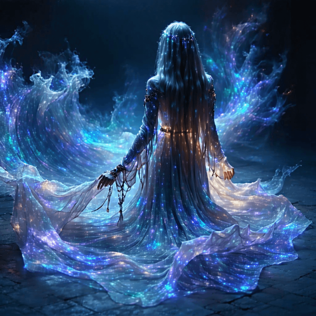 AI generated: A solitary dream weaver, her form composed of shifting, iridescent light, her long hair flowing like...