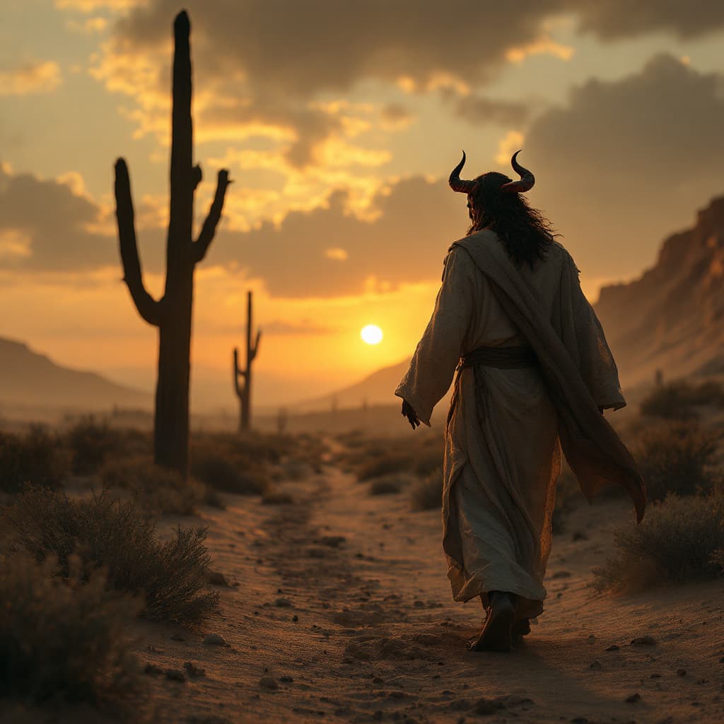 AI generated: Jesus will be on the right side walking along with the devil on the left side. in the desert. cinema...