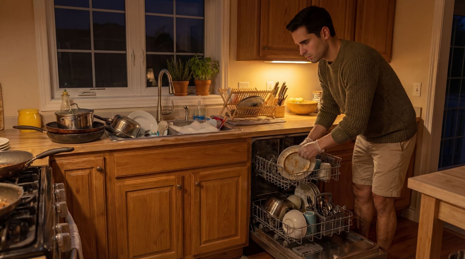 AI generated: At a cozy kitchen. it's dark outside. The Hispanic guy is wearing an olive green loose cozy Autumn s...