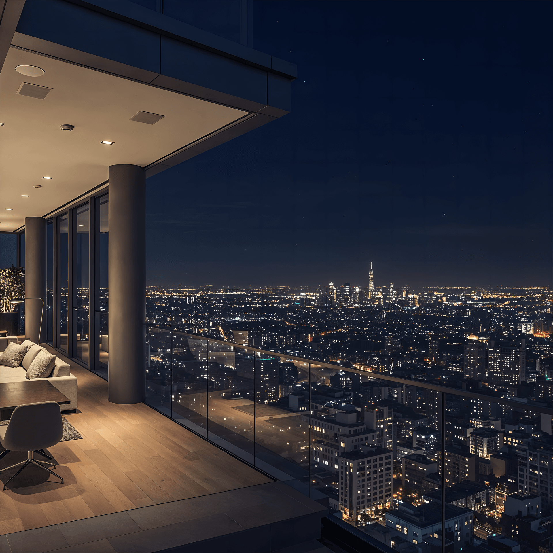 AI generated: Luxurious penthouse, panoramic city view, floortoceiling windows, modernist furniture, open floor pl...