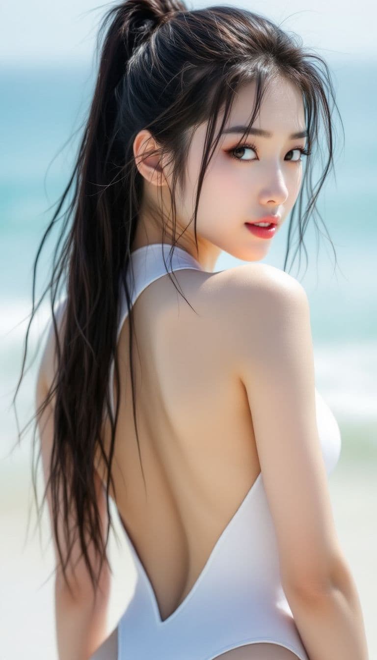 AI generated: High resolution image. A korean woman with long hair wearing a white freediving suit. The suit has a...