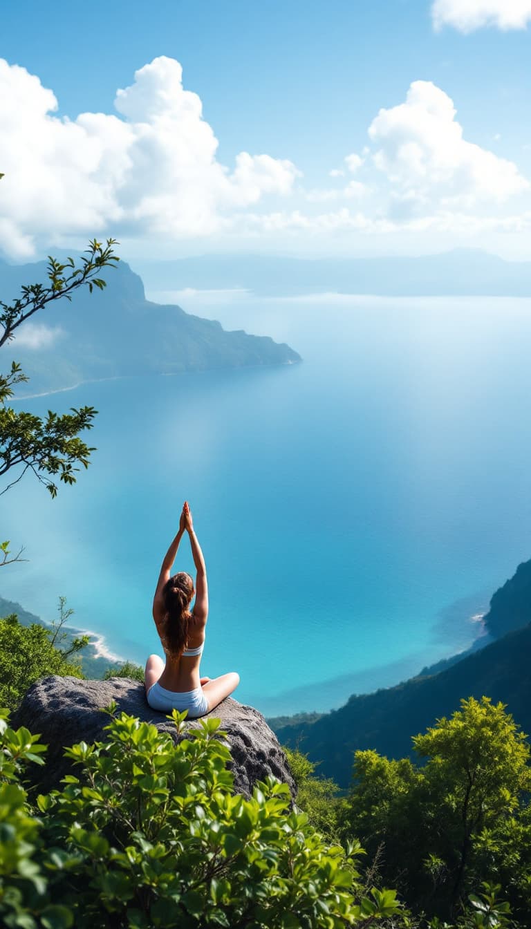 AI generated: view from the mountains to the incredibly beautiful sea in Bali, high detail, trees are green, and i...