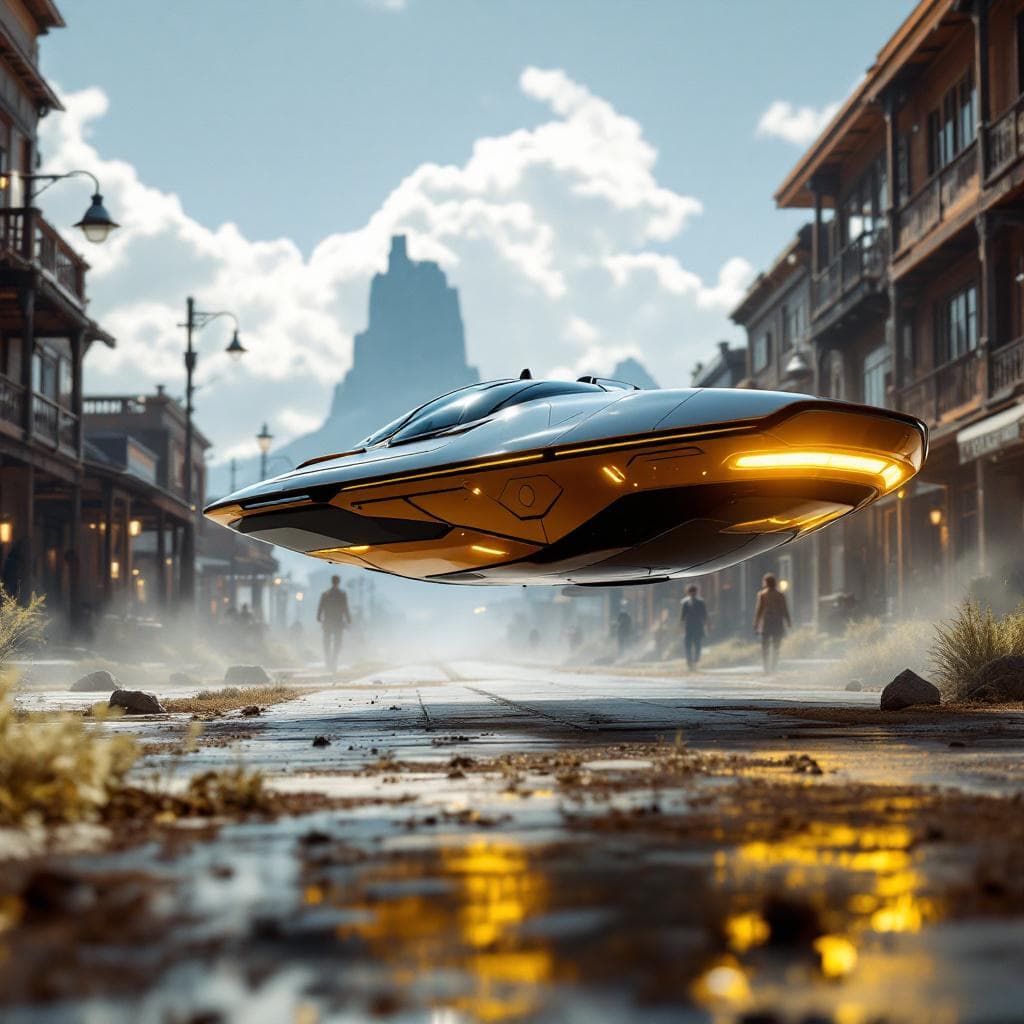 AI generated: Create a sleek, futuristic land speeder that can float across the rough terrain of the Old West. Unr...