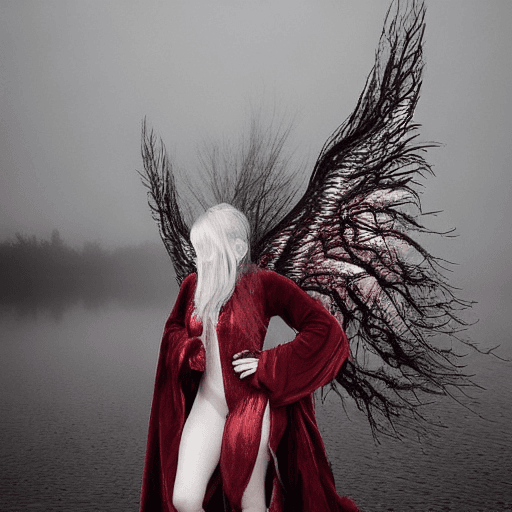 AI generated: illustration, dark theme, (red moon:1. 2), (night, fog, dystopia, lake, burning hell, despair), long...