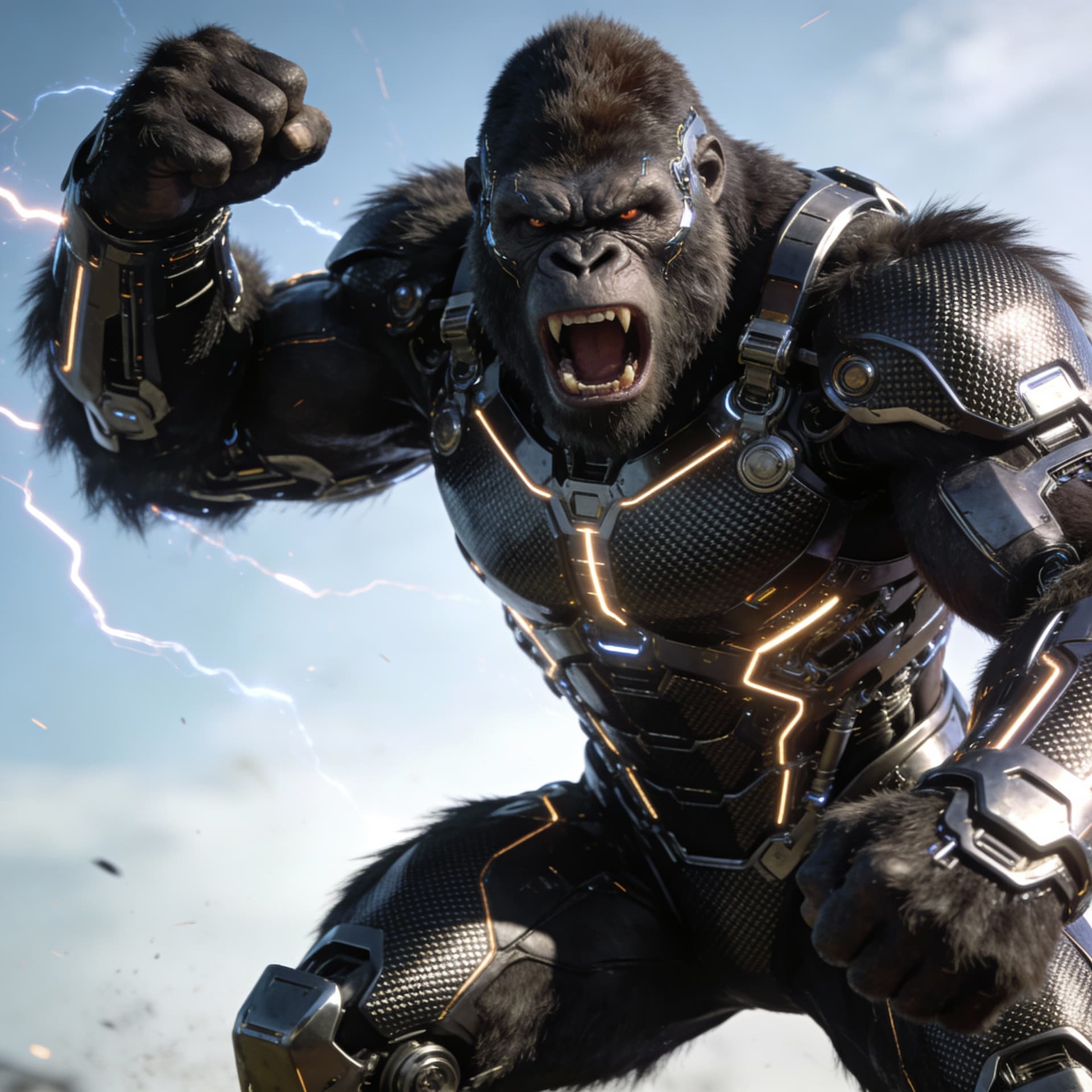 AI generated: Agressive full body of a muscular gorilla trending on cyborg , reinforced carbon-fiber armor, highly...
