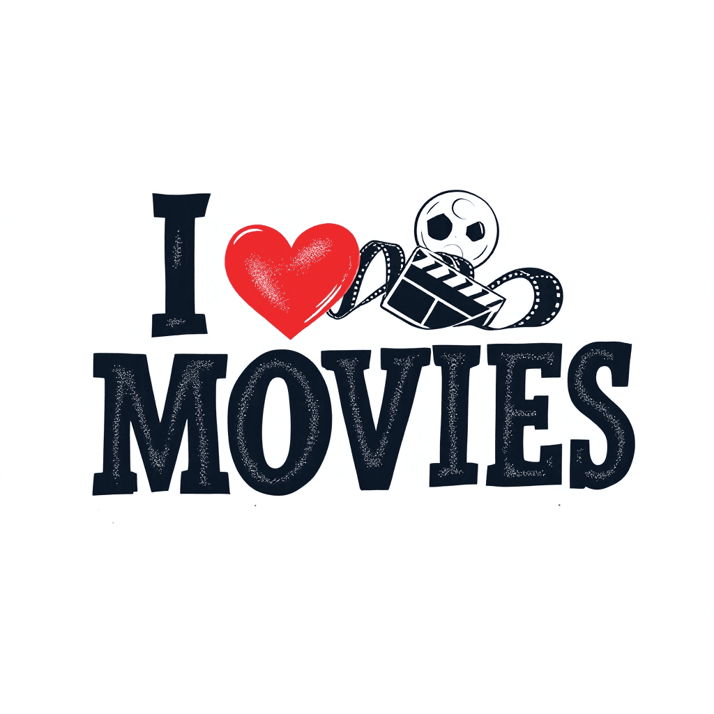 AI generated: Create a cinematic graphic featuring the bold text "I LOVE MOVIES" on a clean, sharp white backgroun...