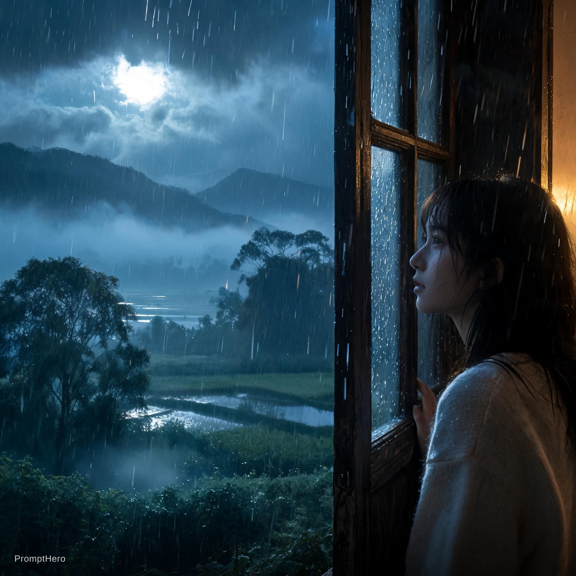 AI generated: A cinematic rainy evening. Gentle raindrops fall endlessly across a quiet countryside, soft wind car...